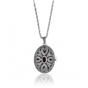 Marcasite Openwork Oval Locket with Onyx and 24" Chain